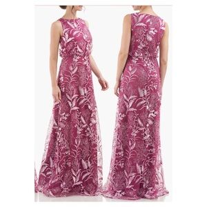JS Collections Rita Floral Embroidered Deep Berry Boatneck Gown | Size 16